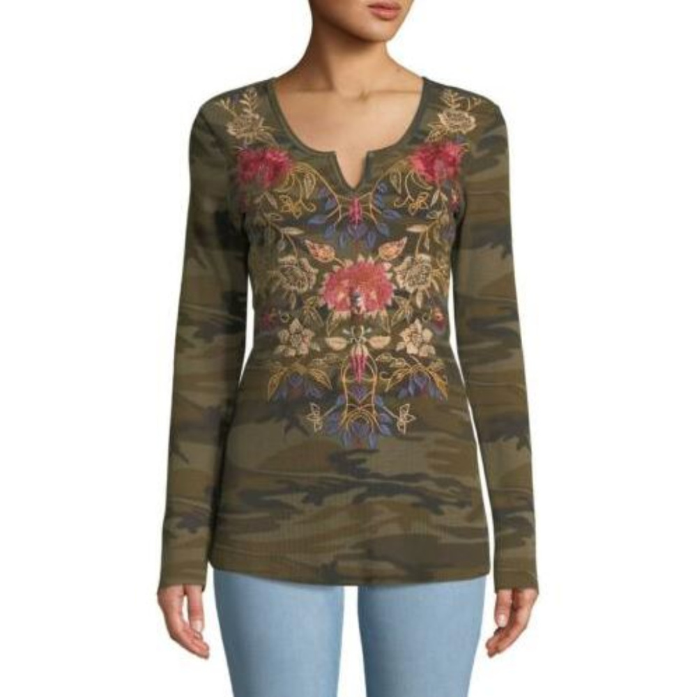 Johnny Was Embroidered Simona Long Sleeve Camo Top